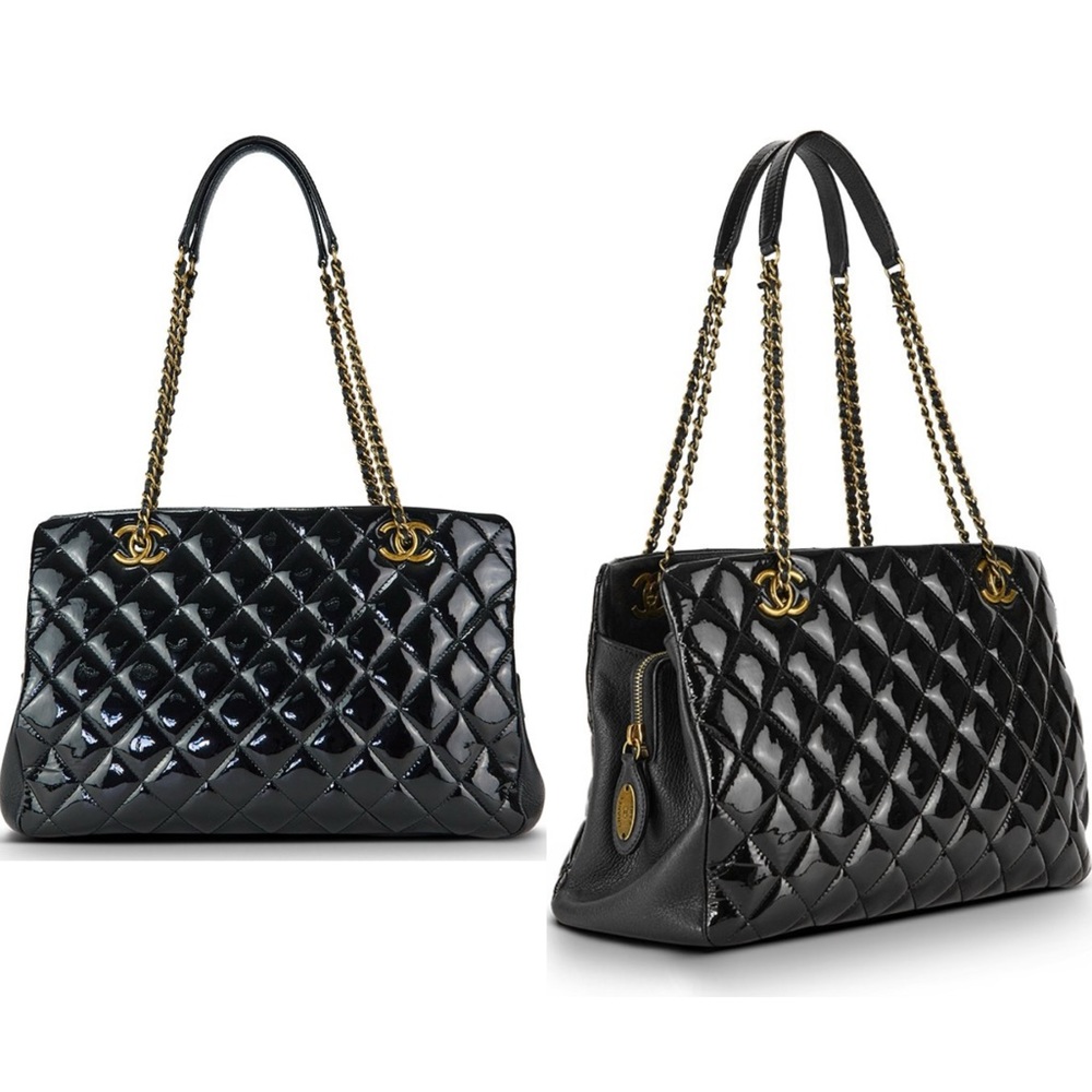 Authentic Chanel patent leather Paris Salzburg CC eyelet medium tote